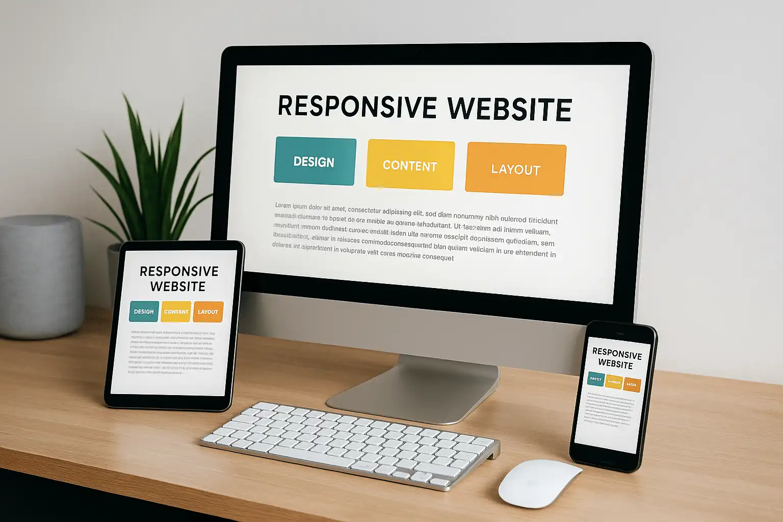 Arbeitsplatz mit Desktop, Tablet und Smartphone, die alle eine responsive Website anzeigen – modernes, helles Setup mit minimalistischer Ästhetik.
