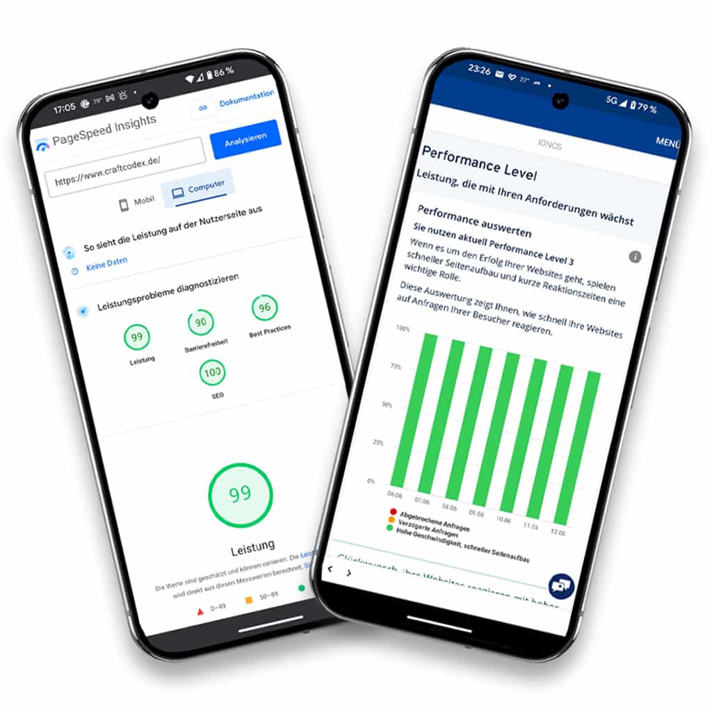 SEO-Check bei pagespeed.web.dev und IONOS für die Seite CraftCodex.de