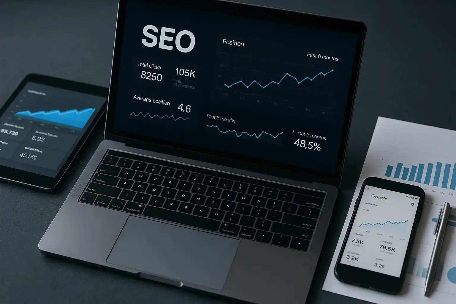 SEO-Analyse auf Laptop, Tablet und Smartphone – modernes digitales Dashboard mit Metriken und Diagrammen